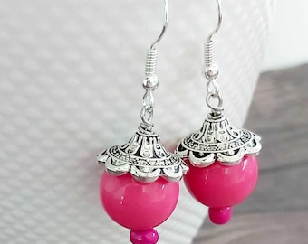 Pretty Silver Tone Pink Bead Drop Earrings -*NEW*