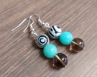 Black & White Malachite Blue Bead/Smoky Brown Bead Silver Tone Drop Earrings -*NEW*