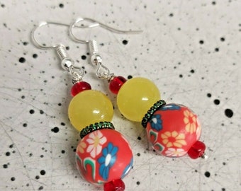 Pretty Red Polymer Clay Bead & Yellow Bead Silver Tone Drop Earrings - *NEW*