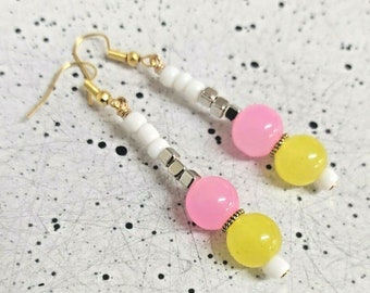 Yellow /Pink Glass Bead & Seed Bead Gold Colour Drop Earrings - *NEW*