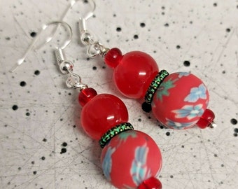 Pretty Red Polymer Clay Bead Silver Tone Drop Earrings - *NEW*