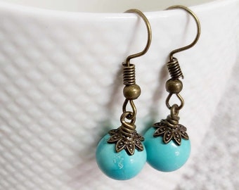 Pretty Turquoise Bronze Tone Drop Earrings -*NEW*