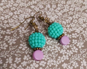 Turquoise Green Bead & Lilac/Purple Bead Bronze Tone Drop Earrings *NEW*