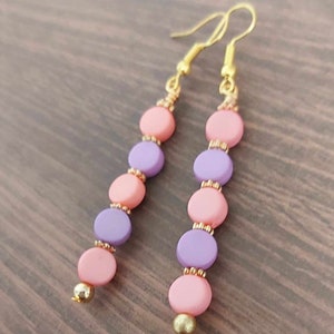 Pretty Pink & Purple Bead Long Gold Tone Drop Earrings NEW image 3