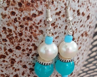 Faux White Pearl & Blue Glass Bead Silver Tone Drop Earrings *NEW*