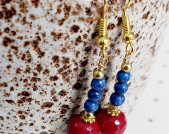 Lovely Red Faceted Coral & Lapis Gold Tone Drop Earrings -*NEW*