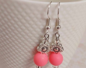Pink Bead Silver Flower Drop Earrings - *NEW*