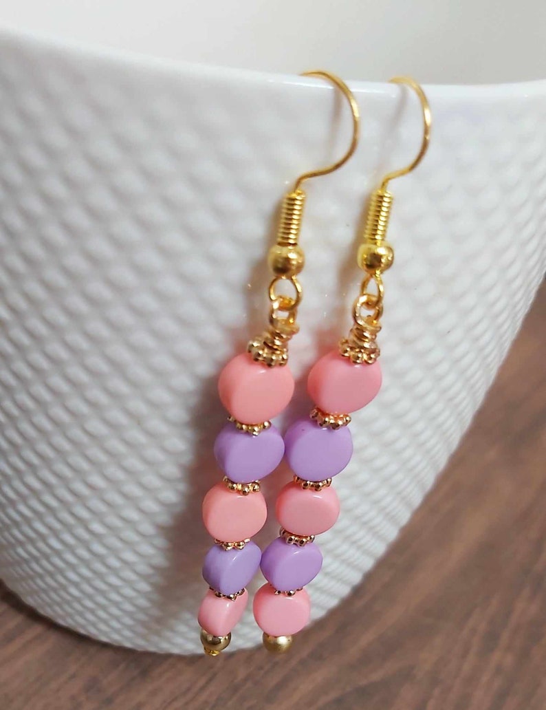 Pretty Pink & Purple Bead Long Gold Tone Drop Earrings NEW image 5