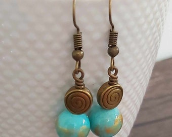 Light Blue Golden Jade Bronze Spiral Drop Earrings - *NEW*