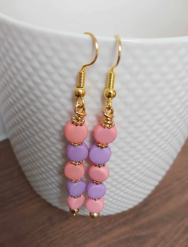 Pretty Pink & Purple Bead Long Gold Tone Drop Earrings NEW image 4
