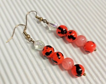 Bright Orange Bead Bronze Tone Drop Earrings - *NEW*