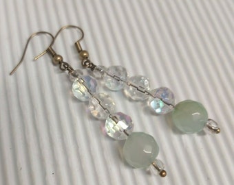 Pretty Crystal & Green Agate Bronze Tone Drop Earrings - *NEW*