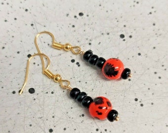 Bright Orange Bead & Black Seed Bead Gold Tone Drop Earrings - *NEW*