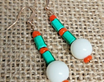 Orange, Green & White Bead Rose Gold Tone Drop Earrings -*NEW*