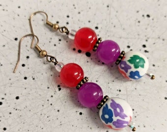 White Polymer Clay Bead & Purple/Red Bead Bronze Tone Drop Earrings - *NEW*