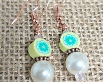 White Faux Pearl & Yellow Floral Polymer Clay Rose Gold Drop Earrings- *NEW*