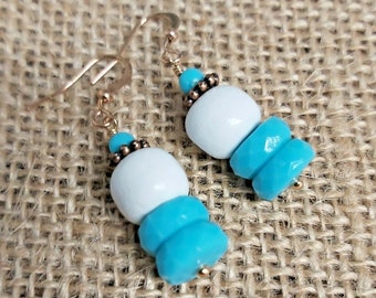 Aqua Blue Bead & White Wood Bead Rose Gold Tone Drop Earrings - *NEW*