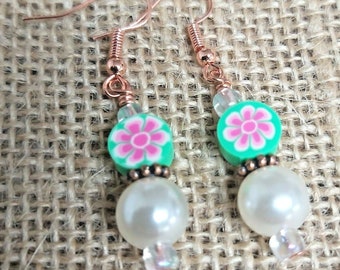 White Faux Pearl & Green Floral Polymer Clay Rose Gold Colour Earrings- *NEW*