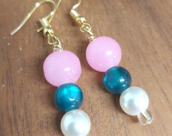 Pink Glass Bead Emerald Green Bead & White Faux Pearl Gold Drop Earrings -*NEW*