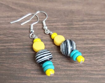 Black Lace Malachite Turquoise & Yellow Bead Silver Tone Drop Earings - *NEW*