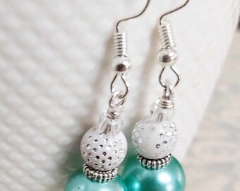 Pretty Aqua Green Faux Pearl & Sparkly White Bead Silver Tone Drop Earrings NEW*