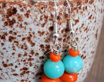 Turquoise & Orange Colour Beads Silver Tone Drop Earrings -*NEW*