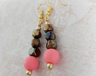 Pink & Bronze Bead Gold Tone Drop Earrings - *NEW*