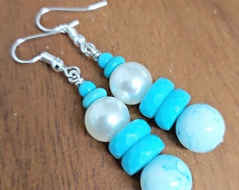 Pretty Aqua Blue Bead & White Faux Pearl Silver Tone Drop Earrings -*NEW*