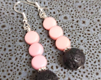 Black Lava Bead & Salmon Pink Bead Silver Drop Earrings -*NEW*