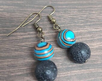 Lovely Blue Malachite & Black Lava Bead Bronze Tone Drop Earrings *NEW*