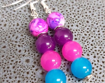 Pink Purple & Blue Glass Bead Silver Drop Earrings -*NEW*