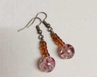Crackle Bead & Brown Seed Bead Bronze Tone Drop Earrings -*NEW*