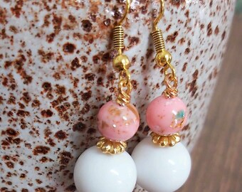 Pink Shell Howlite & White Bead Gold Tone Drop Earrings - *NEW*