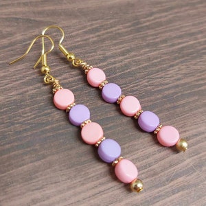 Pretty Pink & Purple Bead Long Gold Tone Drop Earrings NEW image 1