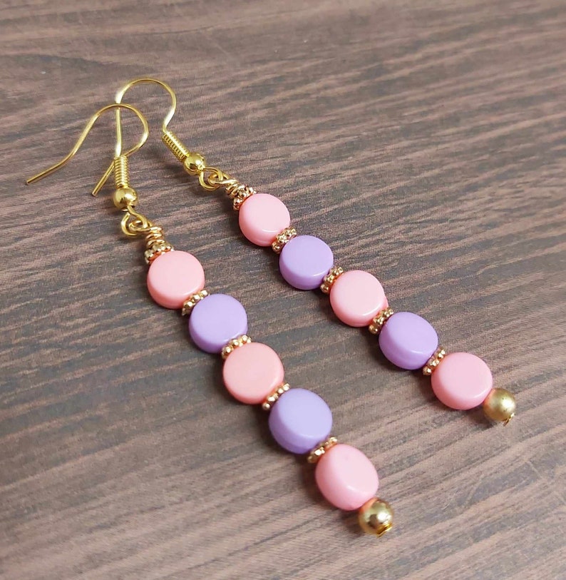 Pretty Pink & Purple Bead Long Gold Tone Drop Earrings NEW image 1