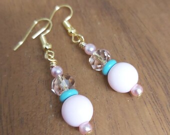 Pale Pink Bead Pink Crystal & Turquoise Gold Tone Drop Earrings -*NEW*