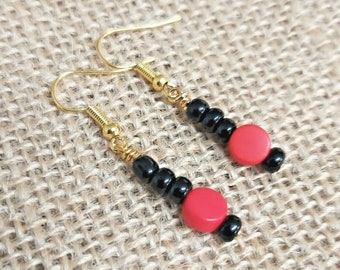 Black Seed Bead & Red Bead Gold Colour Drop Earrings - *NEW*