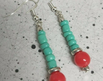 Turquoise Seed Bead & Red Bead Silver Colour Drop Earrings - *NEW*