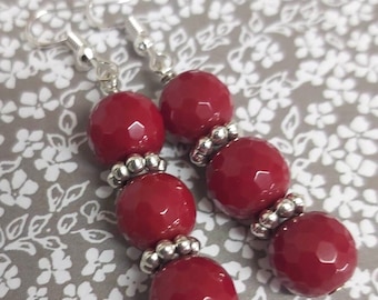 Faceted Red Coral Silver Tone Drop Earrings -*NEW