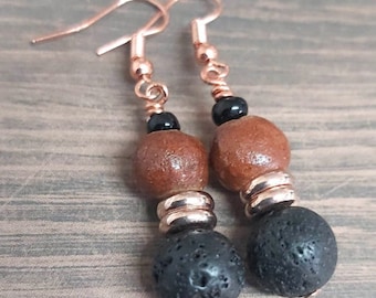 Black Lava Bead & Brown Clay Bead Rose Gold Drop Earrings -*NEW*