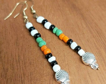 Lovely Long Silver Shell Seed Bead Bronze Tone Drop Earrings (B) - *NEW*