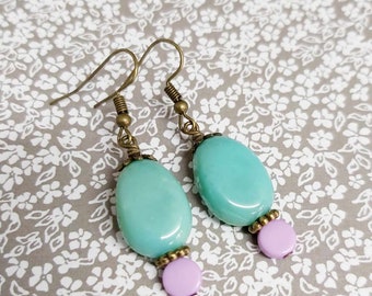 Turquoise Colour Oval Bead & Lilac/Purple Bead Bronze Tone Drop Earrings *NEW*