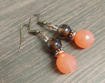 Pretty Peach Coloured Bead & Brown Bead Bronze Tone Drop Earrings -*NEW*