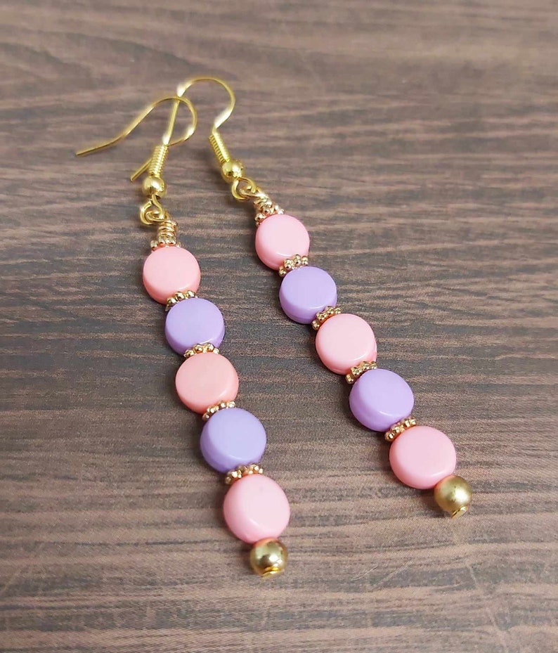 Pretty Pink & Purple Bead Long Gold Tone Drop Earrings NEW image 2