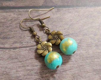 Light Blue Golden Jade Pretty Bronze Flower Drop Earrings *NEW*