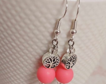 Tree of Life Pink Bead Silver Tone Drop Earrings - *NEW*