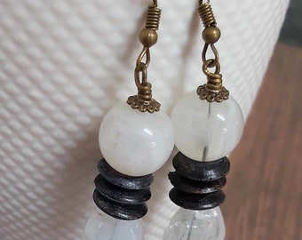 Milky White Bead & Wooden Spacer Bead Bronze Tone Drop Earrings - *NEW*