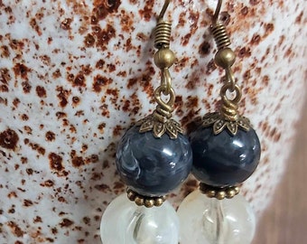 Milky White Bead & Swirly Black Bead Bronze Tone Drop Earrings - *NEW*