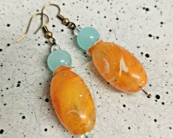 Oval Orange Bead & Blue Glass Bead Bronze Tone Drop Earrings -*NEW*