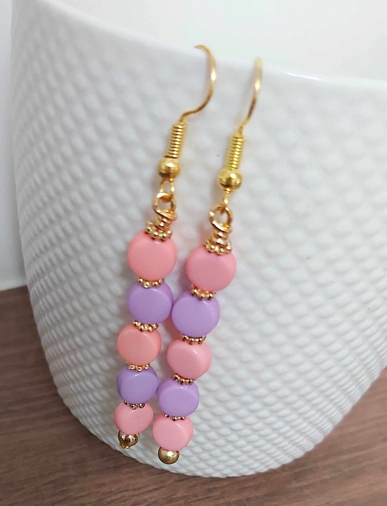Pretty Pink & Purple Bead Long Gold Tone Drop Earrings NEW image 6